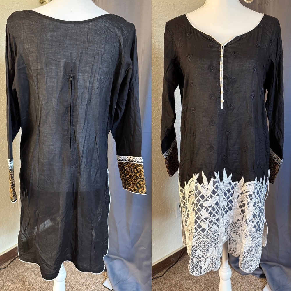Womens Black Embroidered Kurti Tunic Top White Lace Hem Pearl Detail - Picture 2 of 6